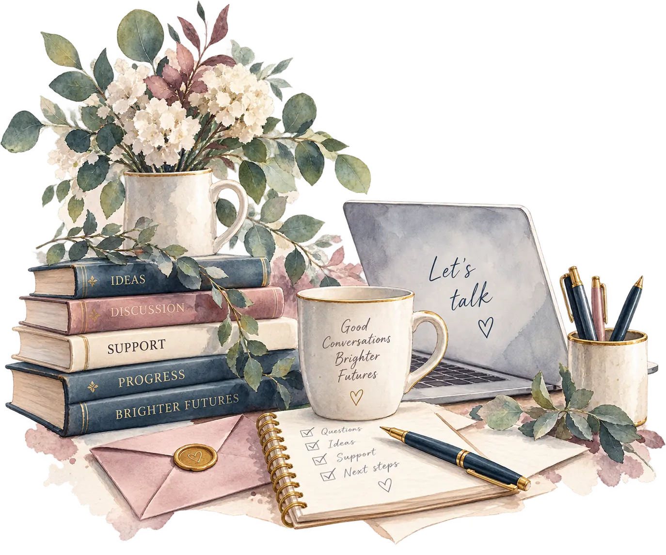Watercolour of books, flowers, a notebook and a laptop inviting a conversation about English tuition.