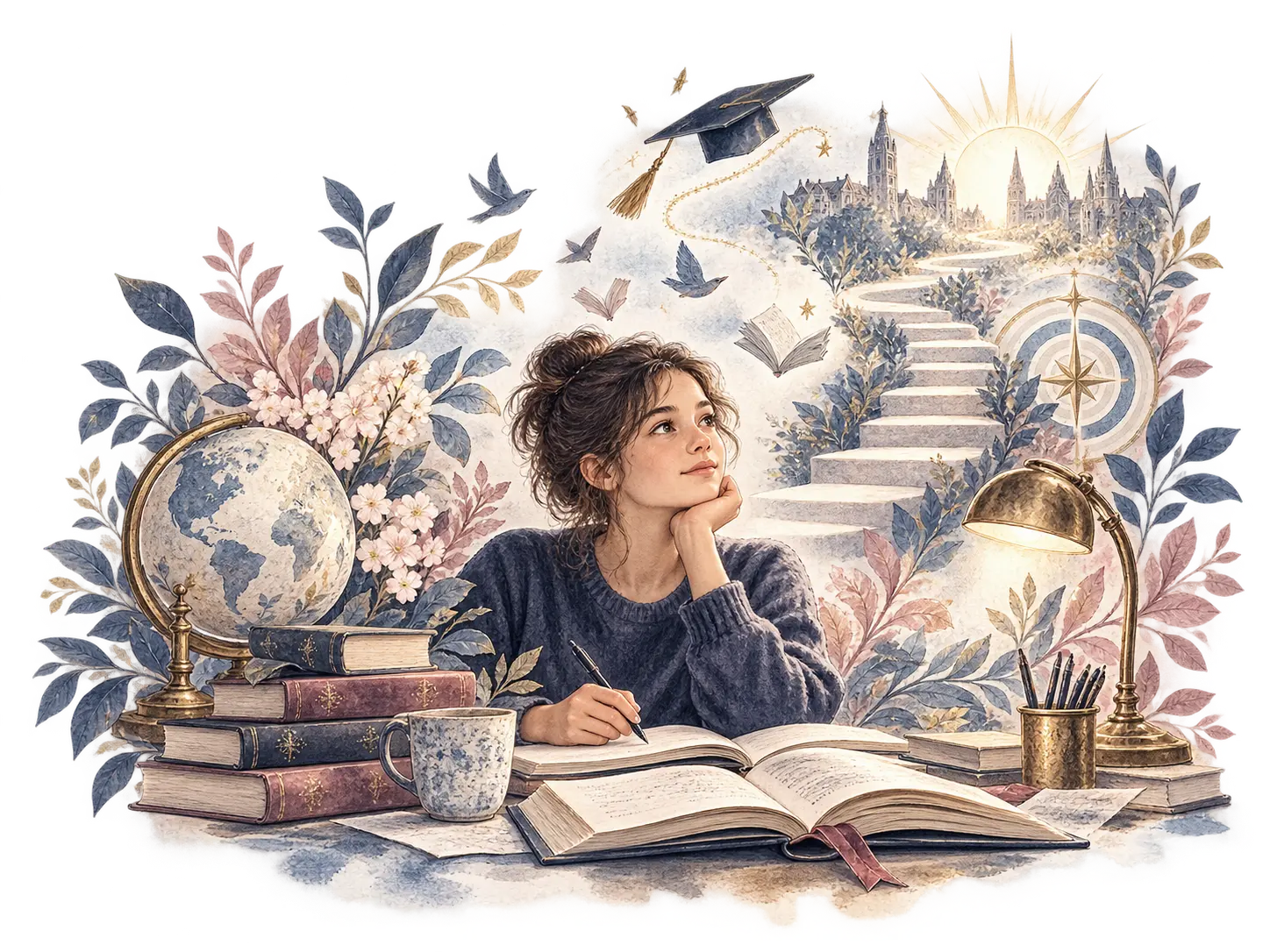 Watercolour of a student studying beside books and a globe, with steps leading towards educational achievement.