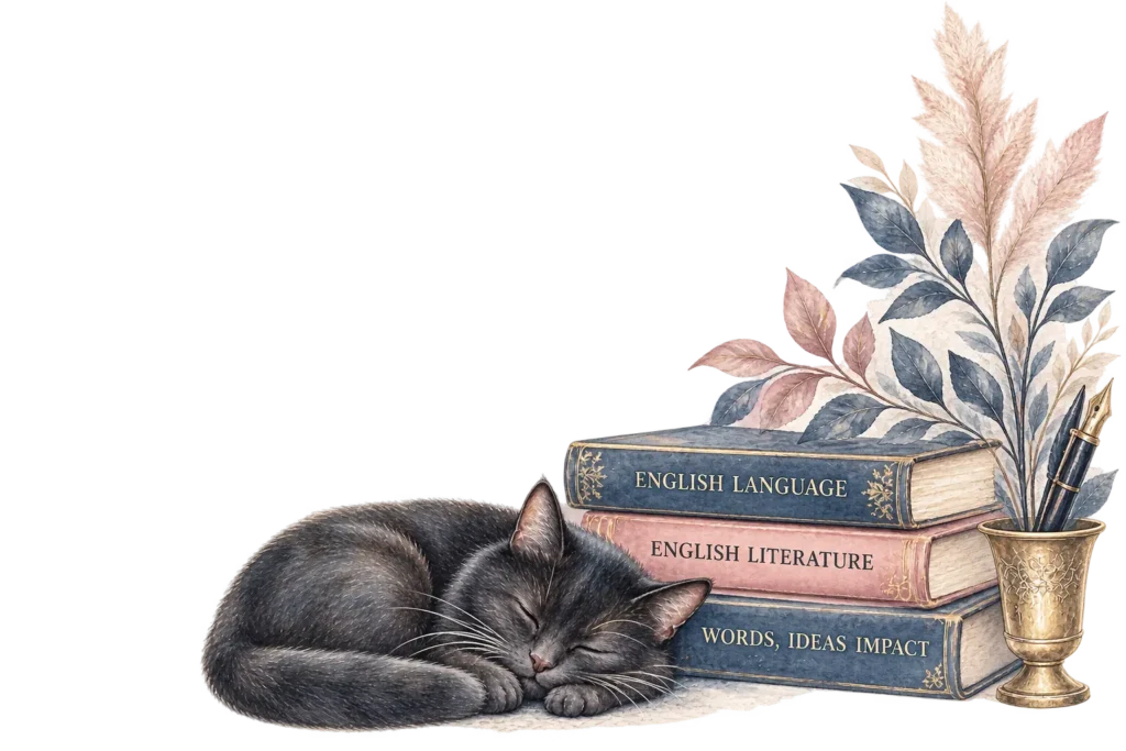 Watercolour of a sleeping cat beside books on English Language and Literature.