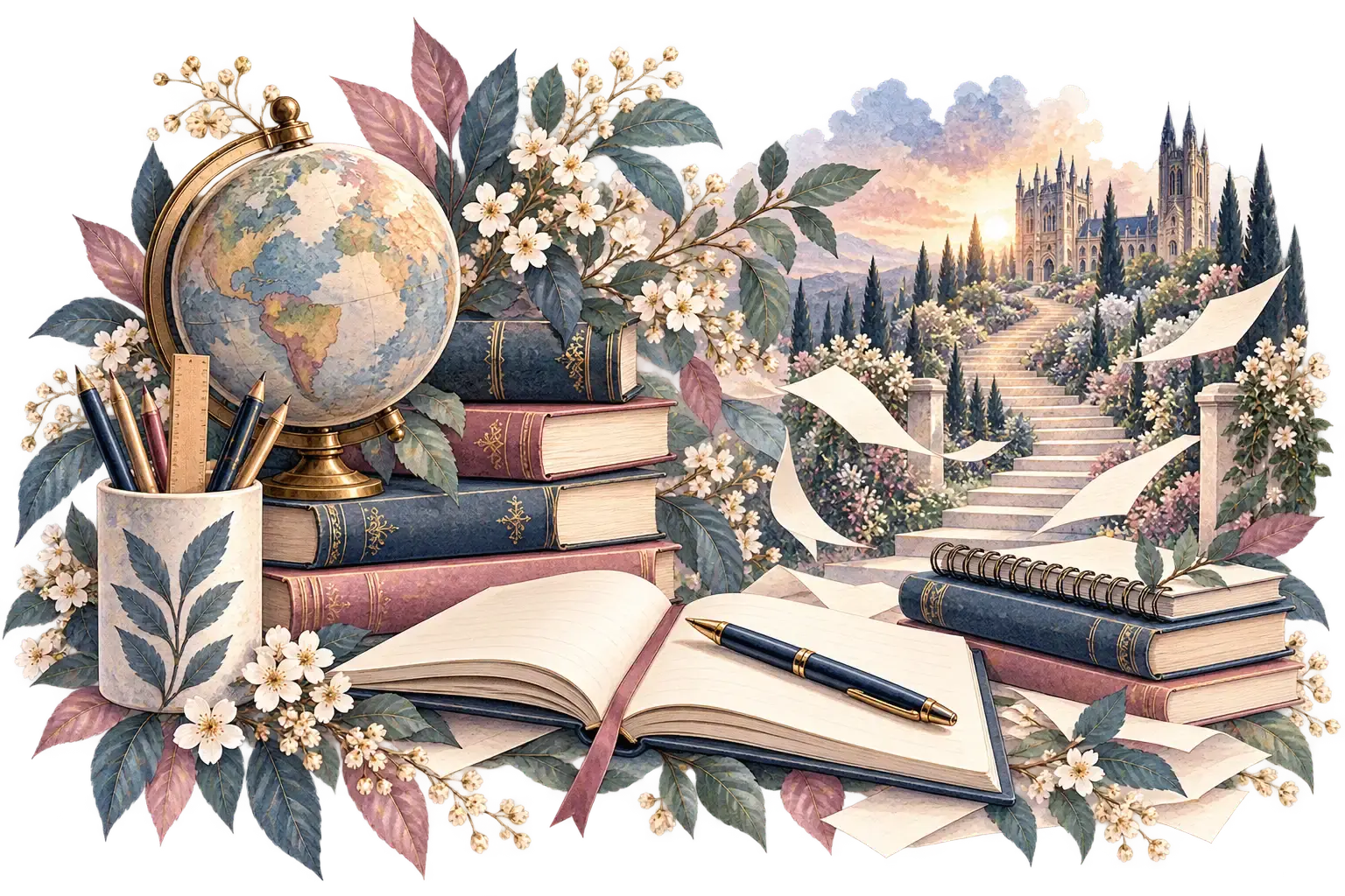 Watercolour of books, a globe and an open notebook beside steps leading towards distant buildings, illustrating educational progress.