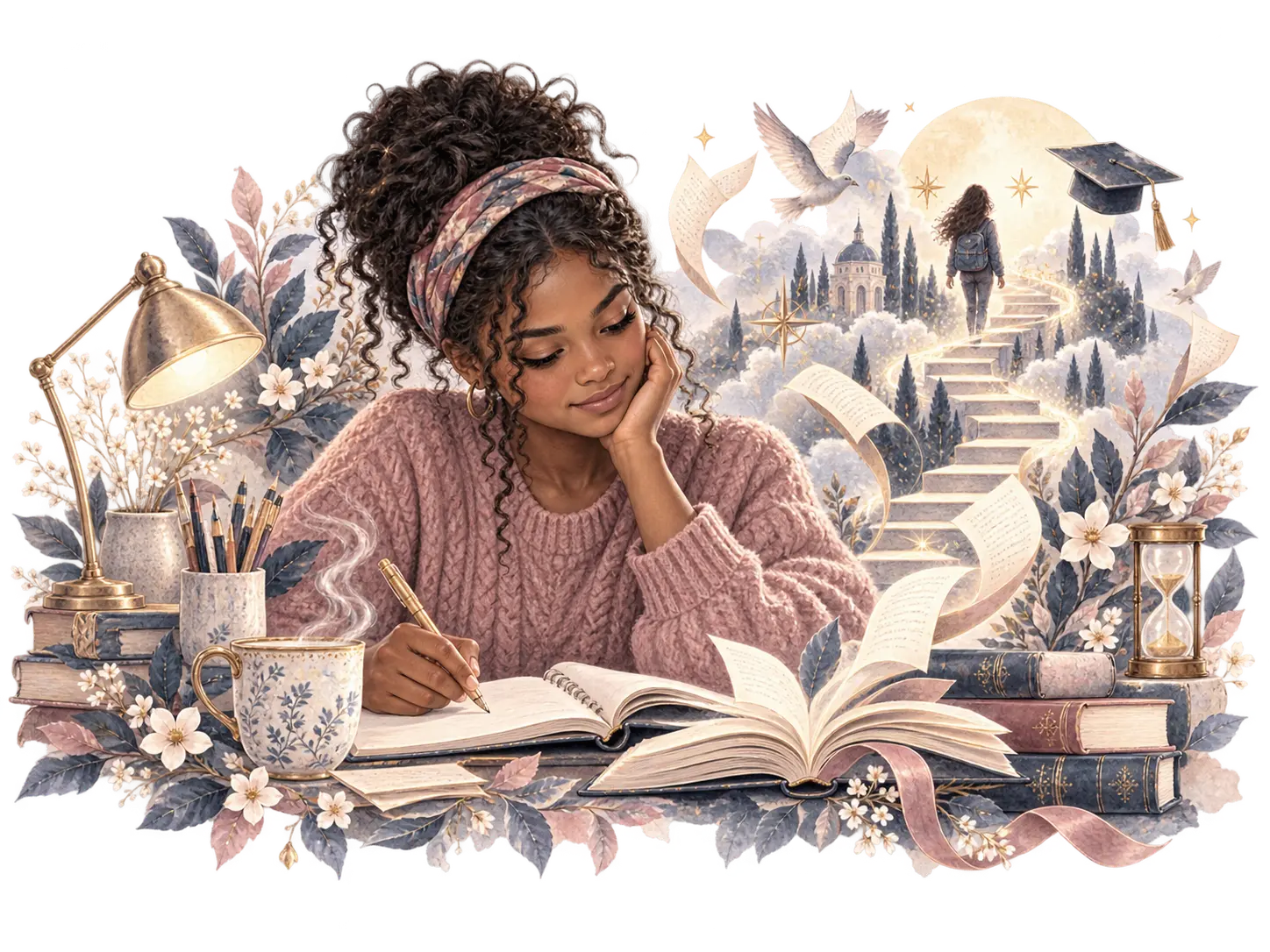 Watercolour of a girl writing beside books and a globe, with steps leading towards learning and achievement.