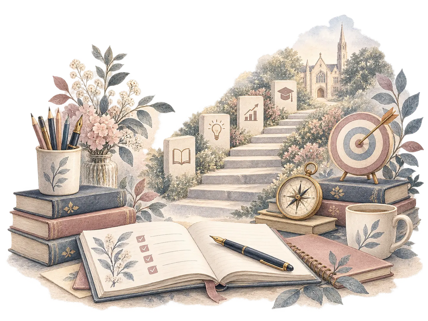 Watercolour of books, study notes, a target and steps towards a school, illustrating steady progress and learning confidence.
