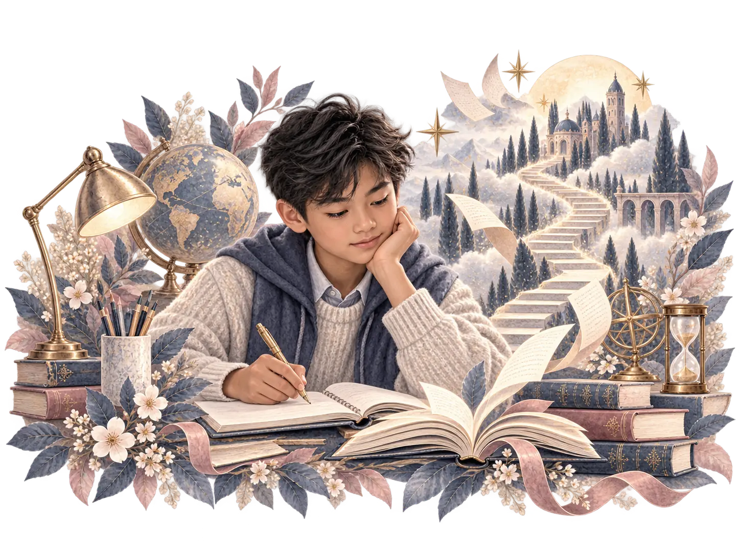 Watercolour of a young boy writing beside books and a globe, with an imagined path towards learning and achievement.