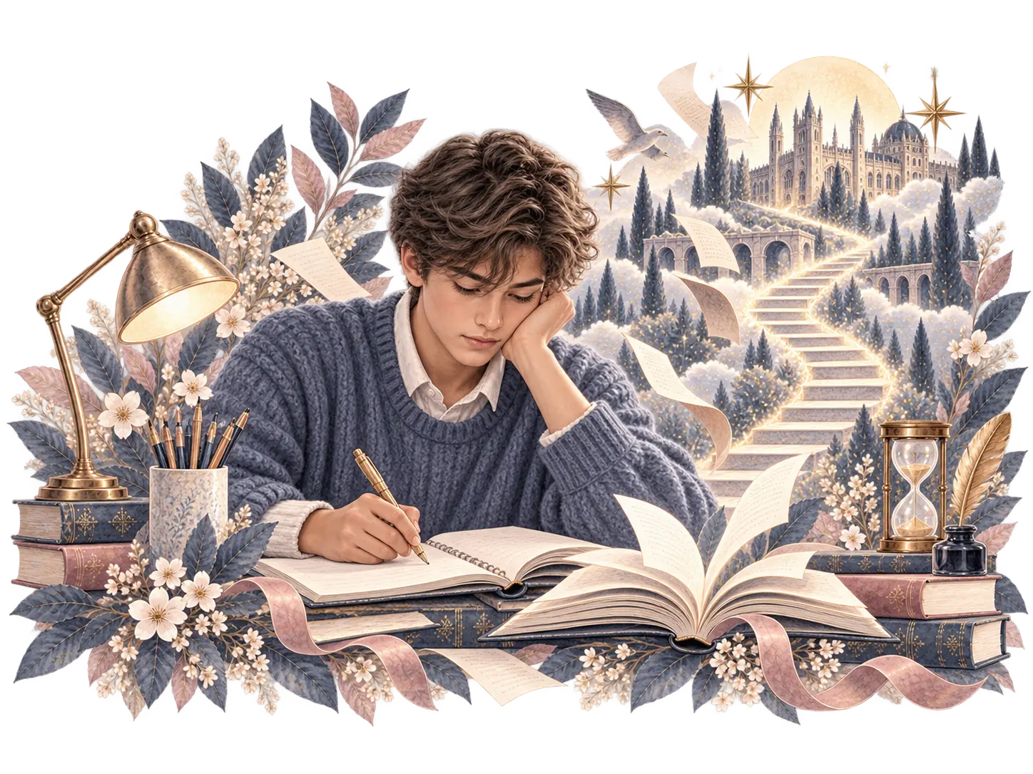 Watercolour of a GCSE student writing beside books and a globe, with steps leading towards academic progress.