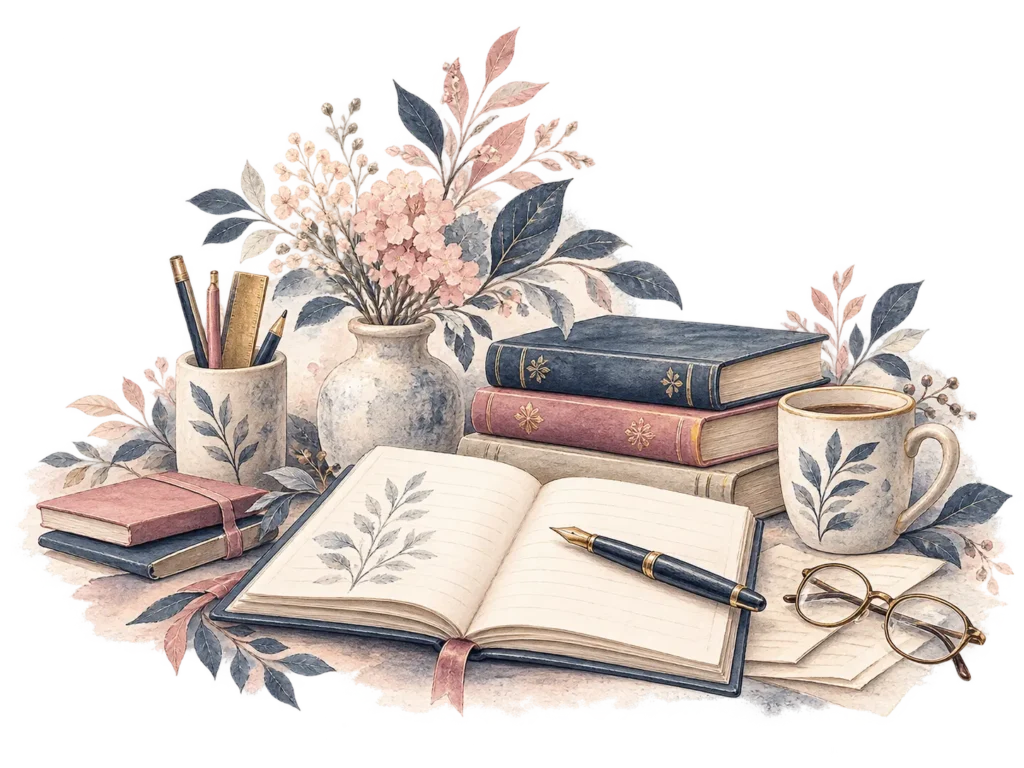 Watercolour of books, an open notebook, a pen and flowers on a study desk, illustrating personalised English tuition.