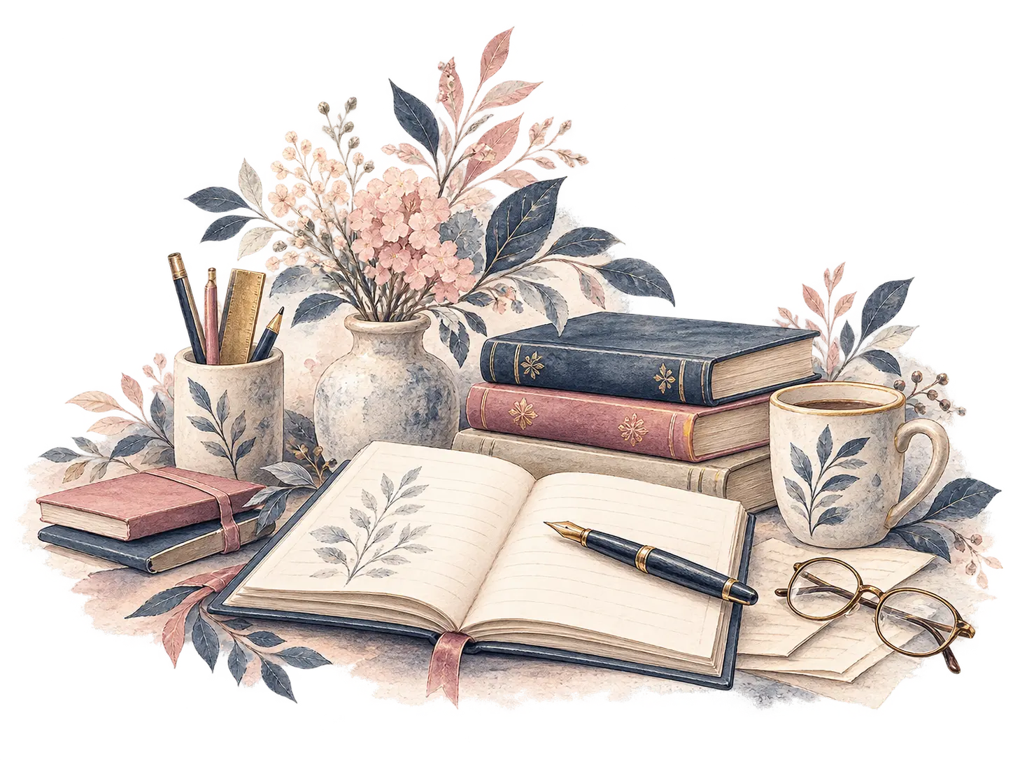 Watercolour of an open notebook and fountain pen beside books, flowers, a mug and reading glasses.