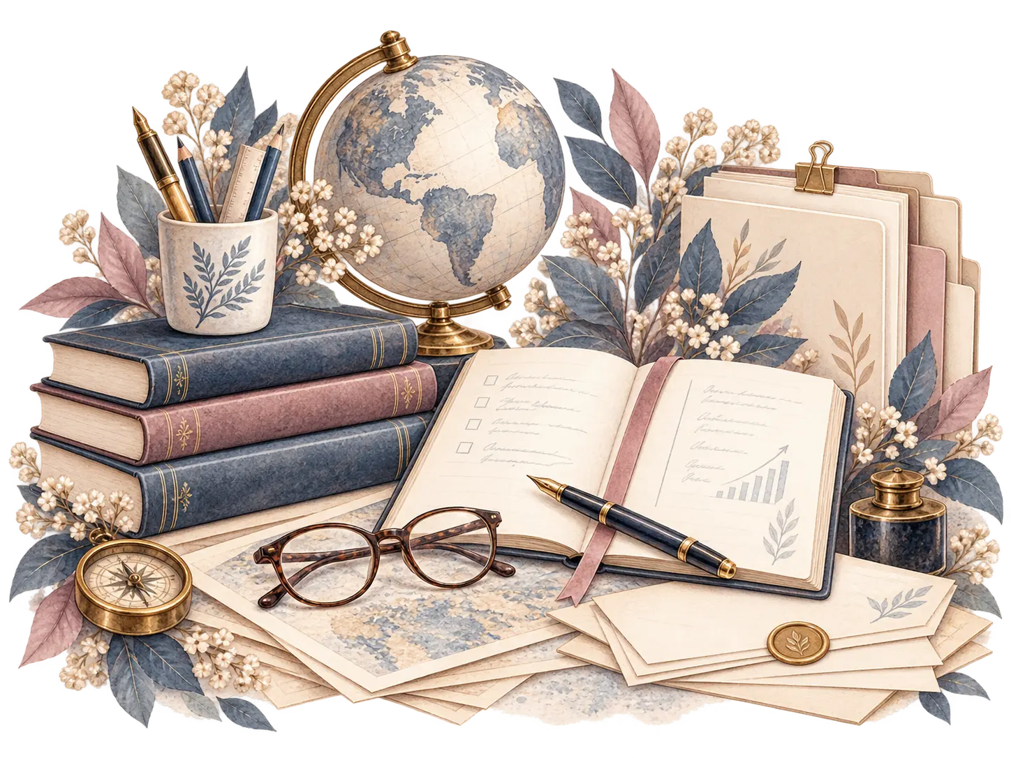 Watercolour of a globe, books, lesson notes and a progress chart, illustrating teaching experience and personalised learning.
