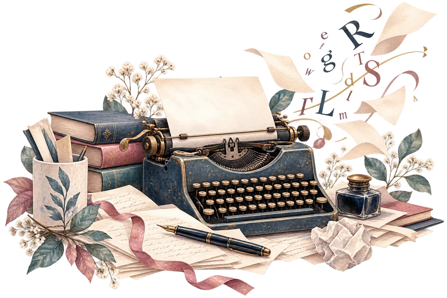 Watercolour of a typewriter, books and handwritten pages, illustrating kind words from students and parents.