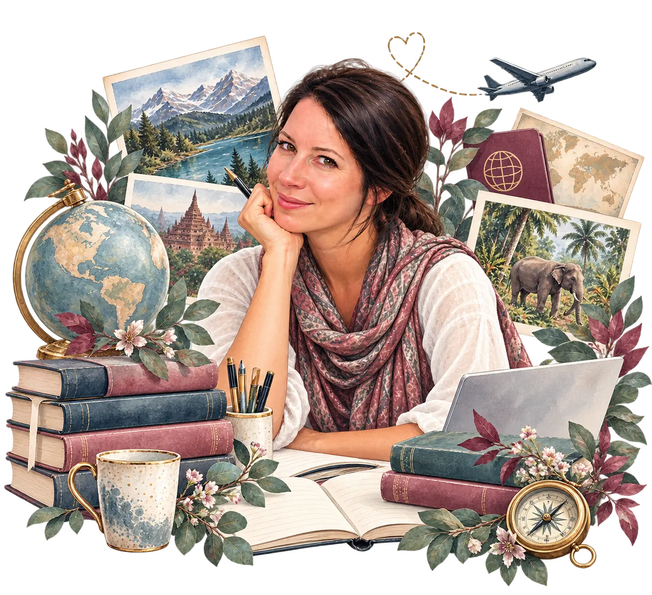 Illustration of Helene Goldup with books, a laptop, a globe and travel photographs, reflecting her teaching and travel experience.