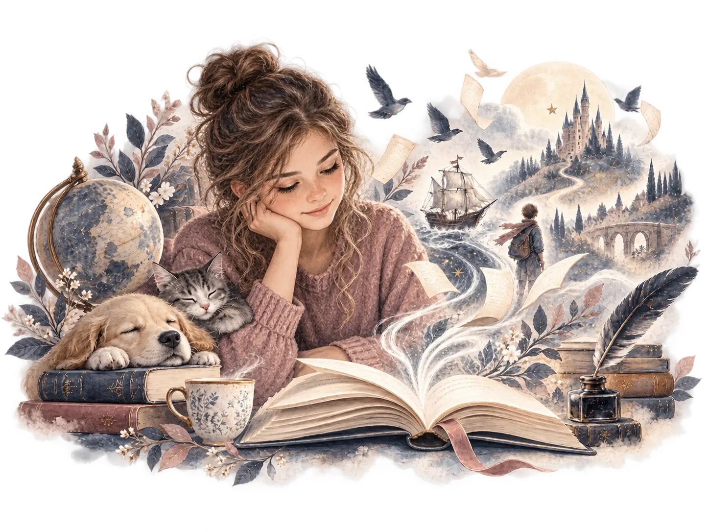 Watercolour of a young reader with an open book, a sleeping puppy and cat, and imagined journeys through stories.