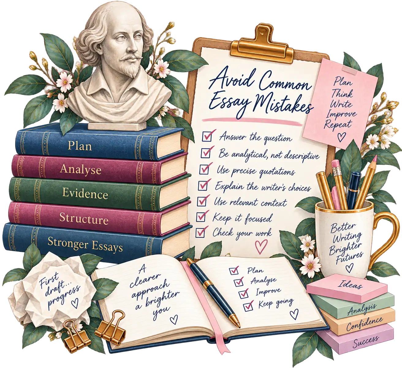 Watercolour of books, a bust and an essay checklist illustrating focused analysis, evidence and clear essay structure.