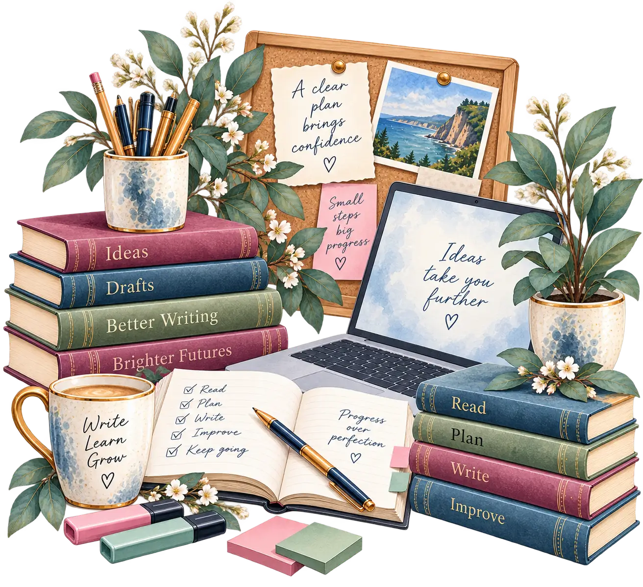 Watercolour of books, a laptop and study notes encouraging planning, practice and confident writing.