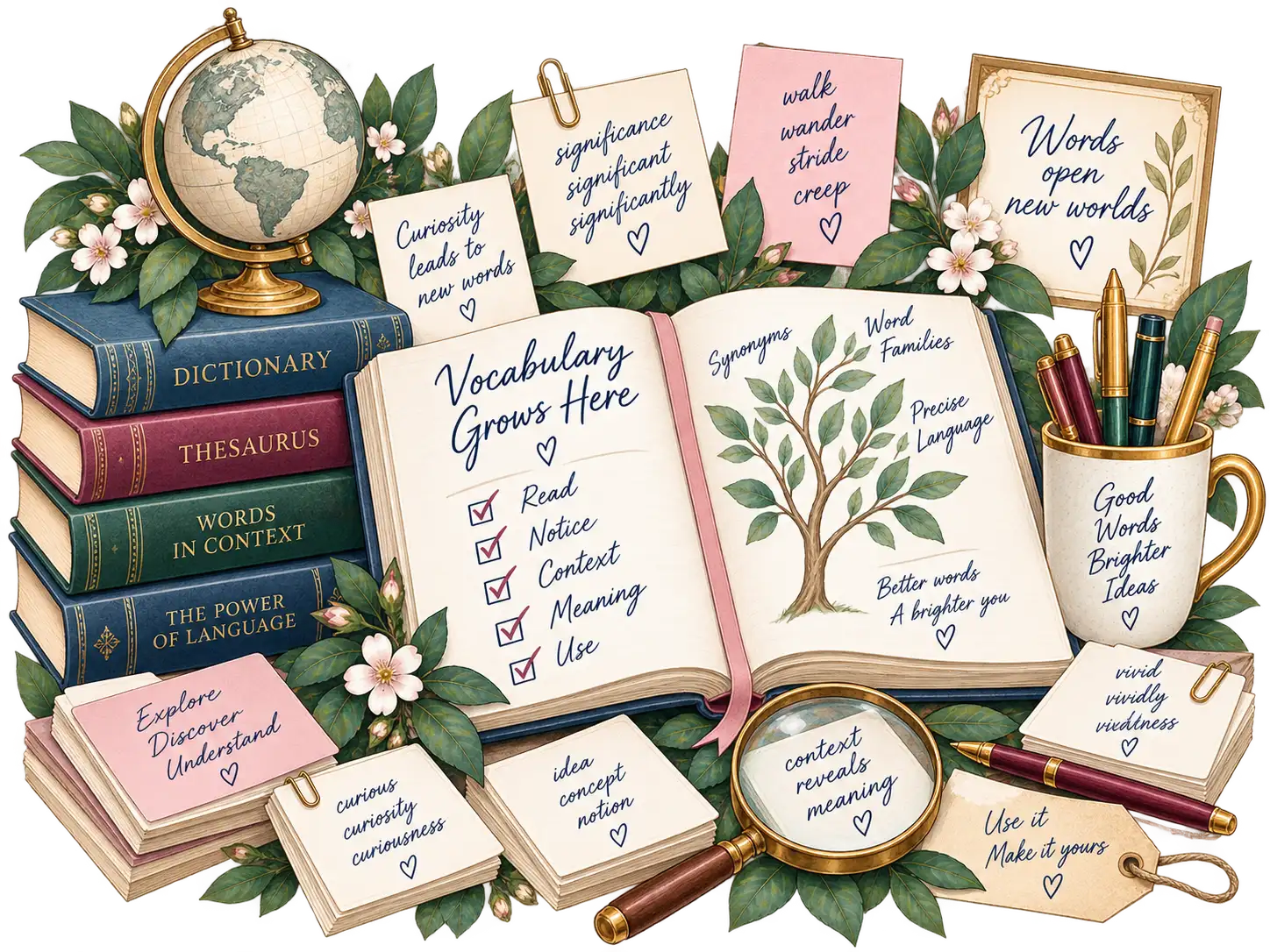 Watercolour of books, vocabulary notes and an open notebook with a word-family tree, illustrating learning words in context.